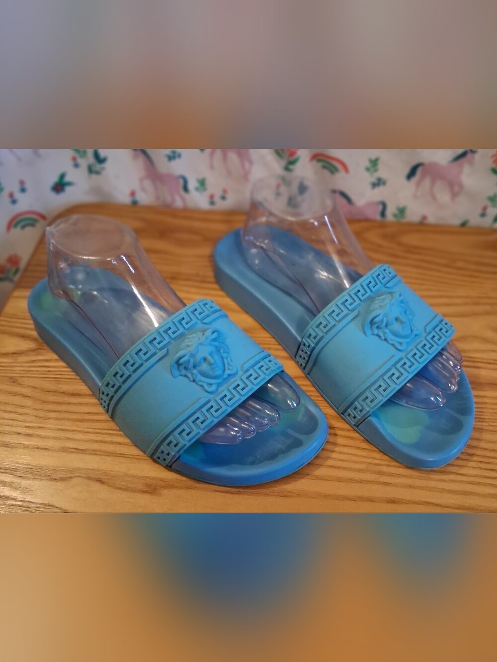 Versace La Medusa Aqua Rubber Greca Geo Border Unisex Pool Slide Shoe SZ M8 W9.5